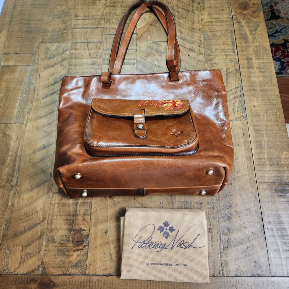 Patricia Nash Floral Painting Embroidery Madison Tote Cognac Leather P1019504